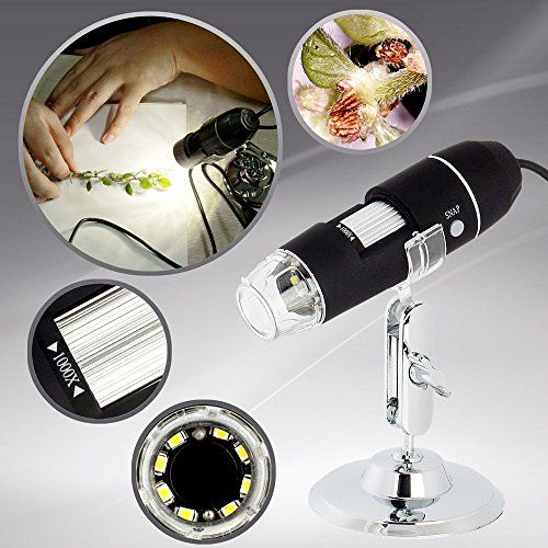 A digital microscope with a sleek black and silver design is mounted on a shiny chrome stand. It features a zoom control labeled "1000X" and a ring of LED lights around the lens.