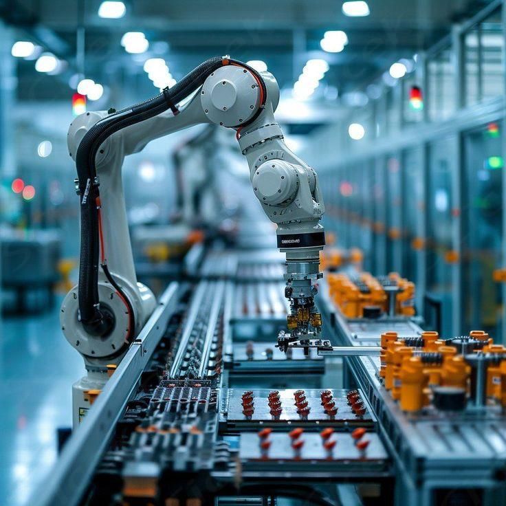 A robotic arm operates on an assembly line in a modern factory, surrounded by neatly arranged orange bottles and components, under bright industrial lighting.
