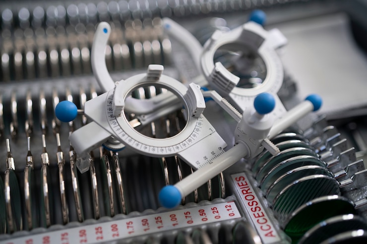A close-up of an optometrist's trial lens set, featuring two white trial frames with blue-tipped handles resting on a tray filled with various lenses. The lenses are organized in rows, with visible diopter markings on a label nearby.