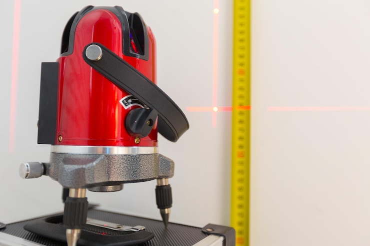 A red laser level with a black handle is positioned on a surface, projecting a red horizontal line onto a nearby wall with a yellow measuring scale.