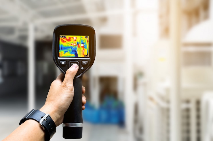 A person holds a handheld thermal imaging camera, displaying a colorful heat map on its screen, in an industrial setting with blurred machinery in the background.