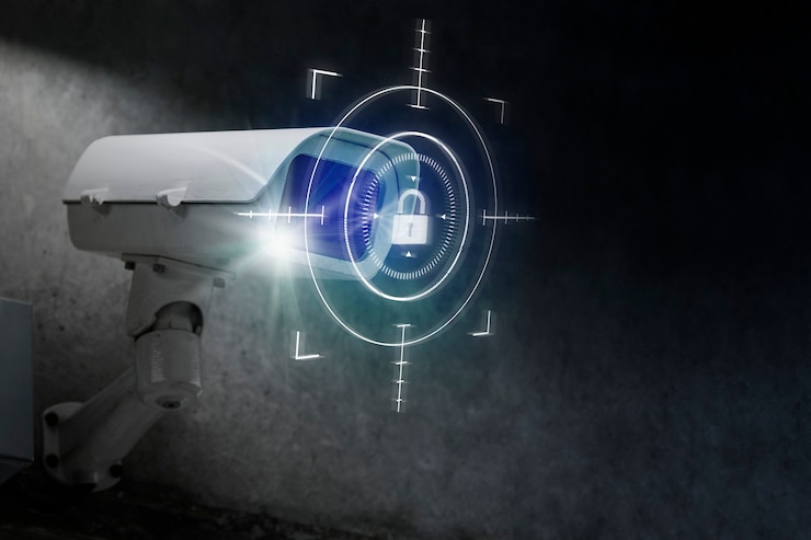 A white security camera is mounted on a wall, emitting a blue light. A digital lock icon and crosshair overlay appear in front of the lens, suggesting a focus on surveillance and security technology.