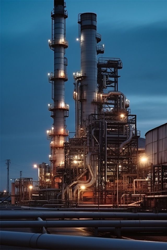 An industrial refinery is illuminated against a dusky sky, featuring towering metal structures and intricate piping, with soft lights highlighting the complex network of machinery.