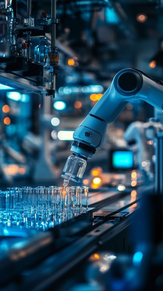A robotic arm precisely handles a glass vial in a high-tech laboratory setting, surrounded by numerous other vials and illuminated by a cool blue light, creating a futuristic atmosphere.