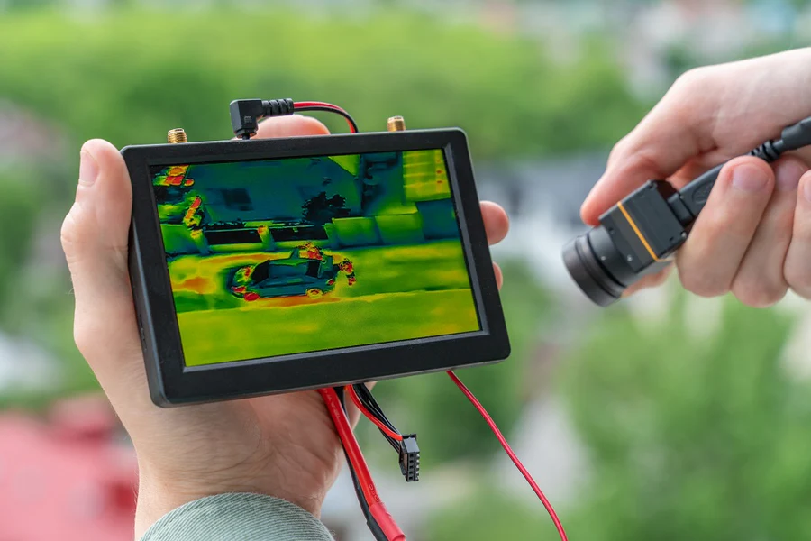 A person holds a handheld thermal imaging camera displaying a colorful thermal image on its screen, while another hand adjusts the connected lens. The background is a blurred outdoor setting with greenery.
