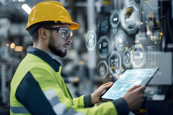 A worker wearing a yellow hard hat and safety goggles operates a digital tablet in an industrial setting, with virtual holographic interfaces displaying technical data and diagrams around him.