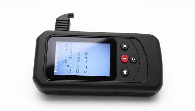 A black handheld device with a small screen displaying text in a foreign language, featuring several buttons including a red one, lies on a white surface.