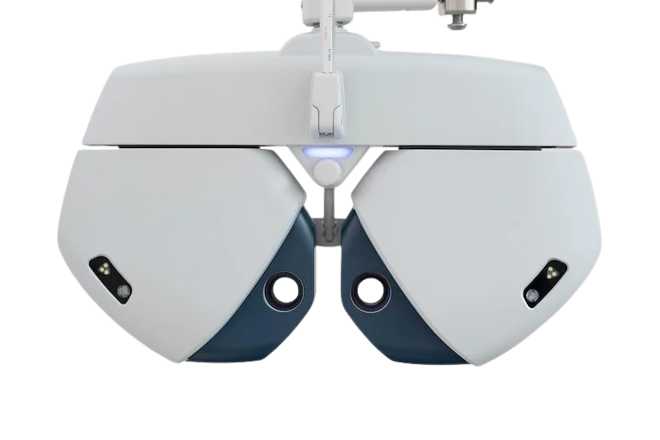 A modern optometry device with a sleek design, featuring two rounded white and blue sections with small lenses and sensors, hanging from an adjustable arm against a plain background.