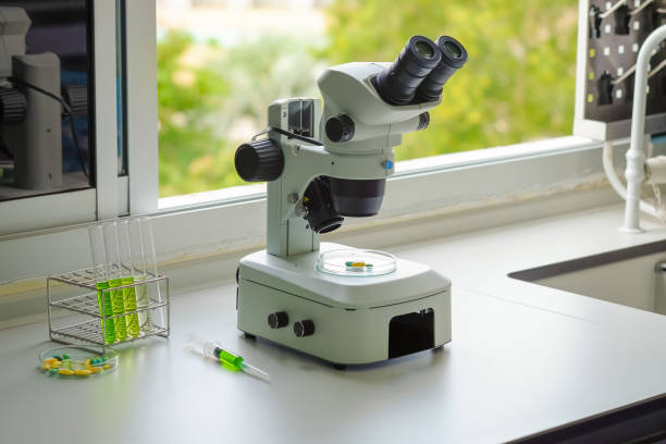 A microscope sits on a laboratory bench by a window, with a petri dish placed beneath its lenses. Nearby, a rack holds test tubes filled with green liquid, and a syringe rests on the surface, suggesting an active research setting.