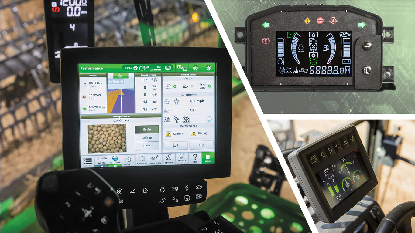 The image displays three different digital screens inside a farming vehicle, showing various controls and data. The main screen in the center features a detailed interface with information on soybeans and grain systems.