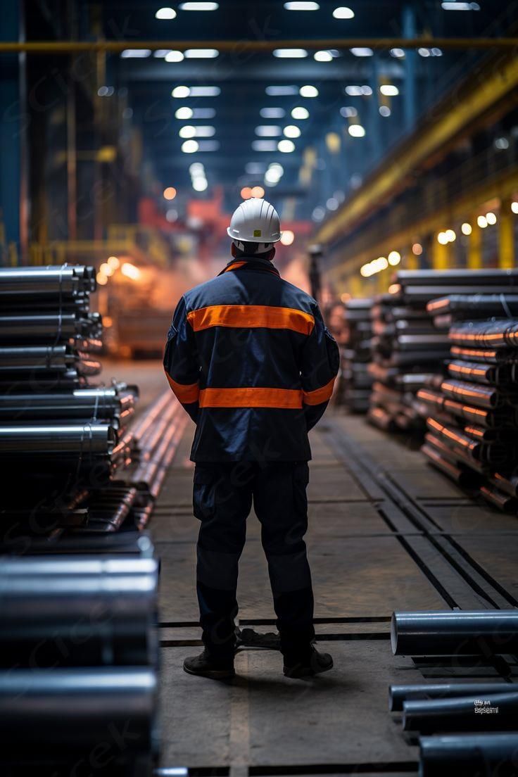 A worker in a hard hat and dark uniform with orange stripes stands in a large, well-lit industrial warehouse, surrounded by stacks of metal pipes.