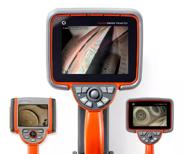 Three orange and gray borescopes are displayed, each with a screen showing detailed internal images. The central borescope is larger, labeled "Everest Mentor Visual iQ+," and features a control pad below the screen. The two smaller devices on either side also display intricate machinery images.